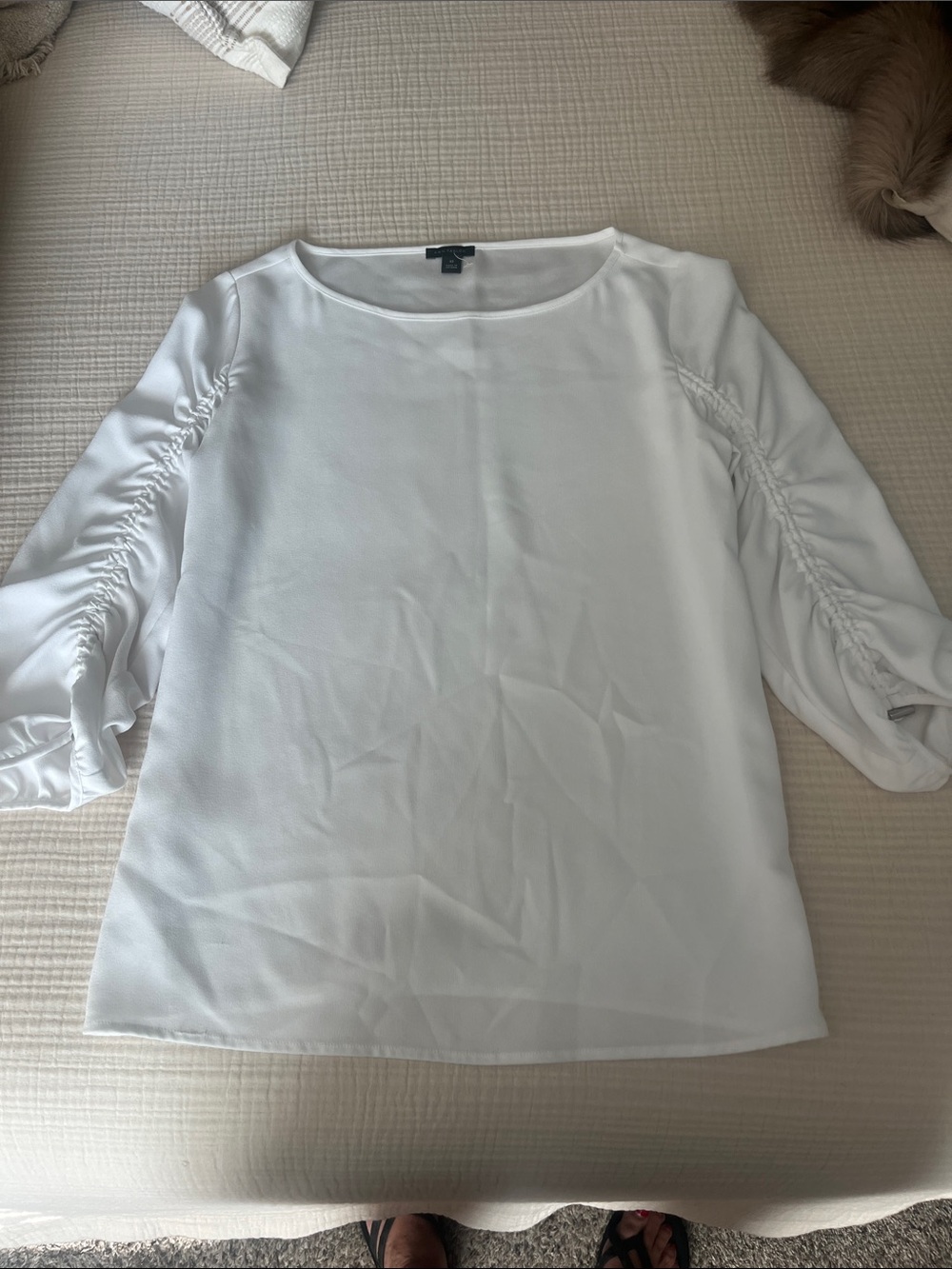 Ann Taylor White Women's Ruched Sleeve Blouse - Classic Boatneck